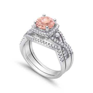 Halo Engagement Ring Three Piece Morganite CZ 925 Sterling Silver Wholesale